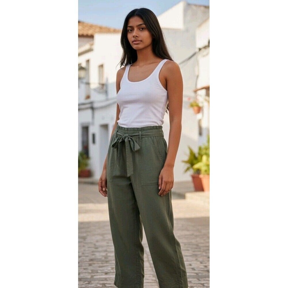 Knox Rose Wide Leg Pants Relaxed Stretch Waist Belted Green Size Small